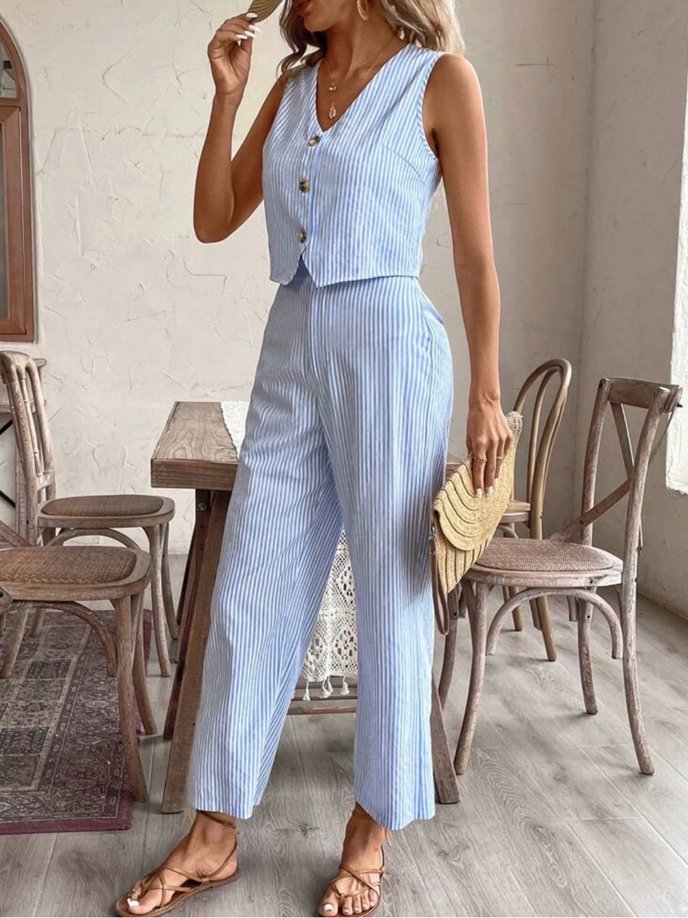 Striped Light Blue Women's Two-Piece Jumpsuit
